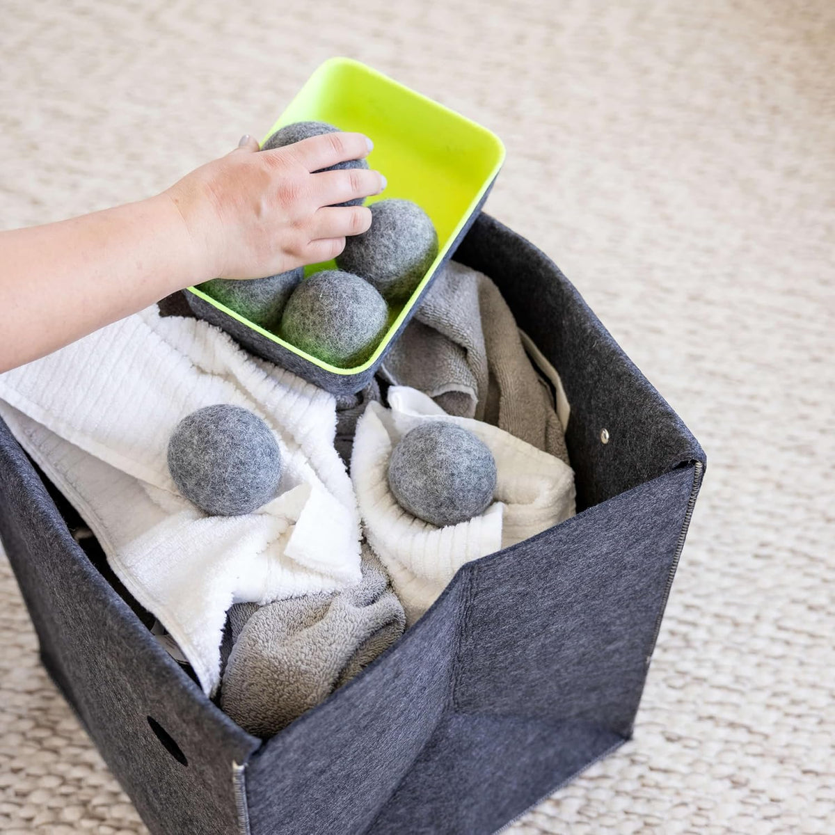Three by Three Seattle Felt·Like·it!™ Wool Dryer Balls + Storage Bin: Reduce Drying Time, Static