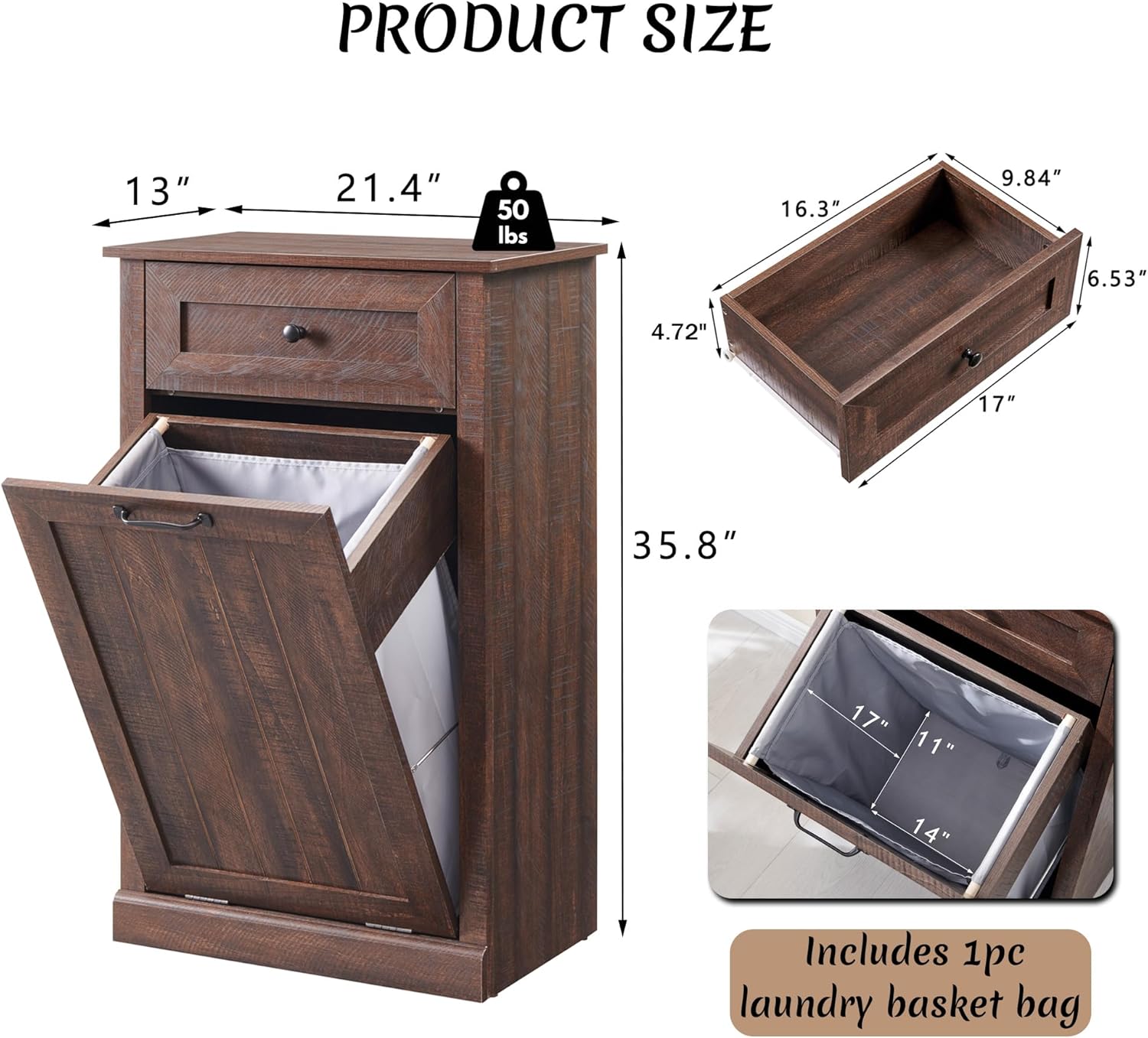 Tilt Out Laundry Hamper Cabinet, 10 Gallon Farmhouse Trash Can Cabinet with Drawer, Hidden Wood