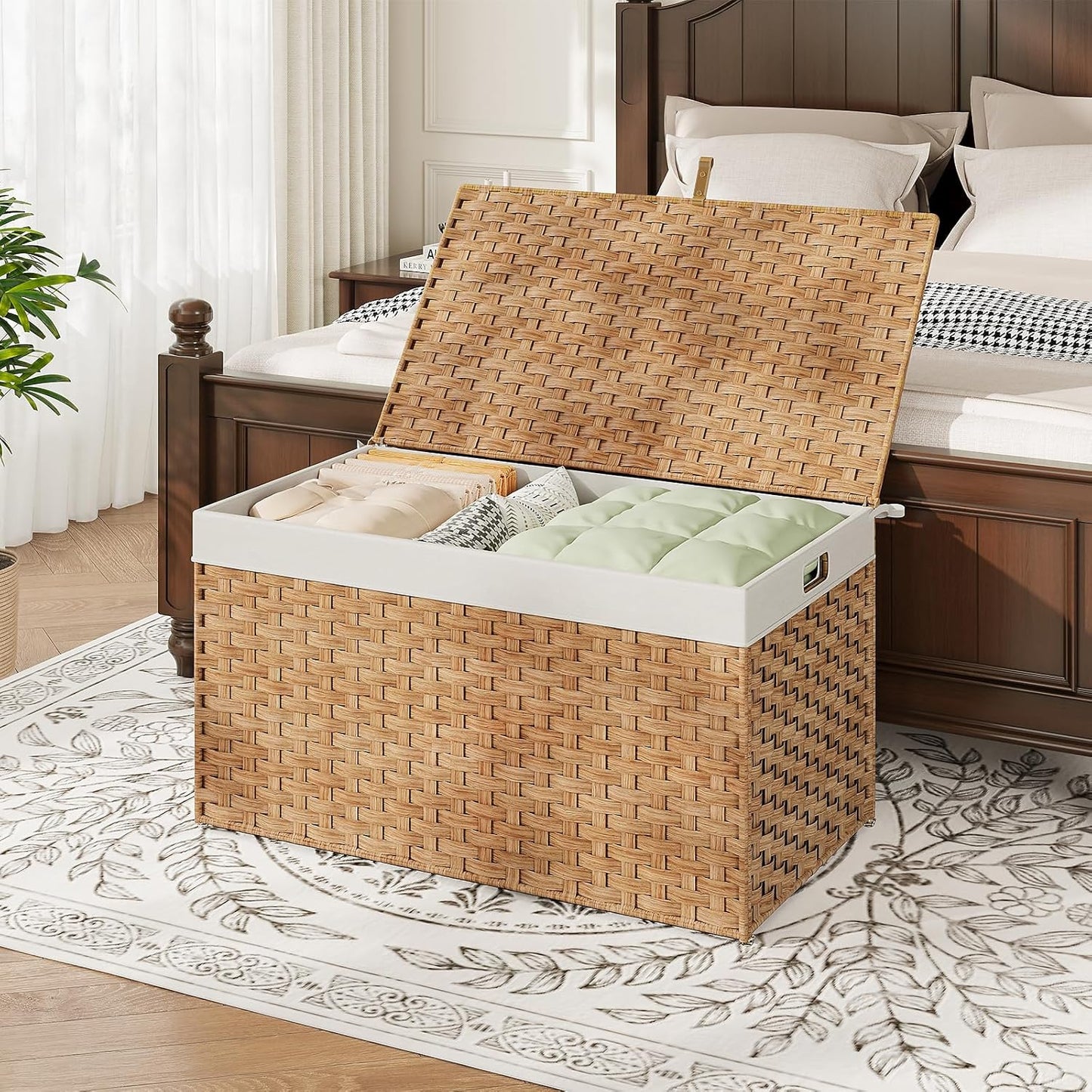 HOOBRO Storage Basket with Lid, 42.3 Gallon (160L) Wicker Basket, Handwoven Blanket Storage Basket