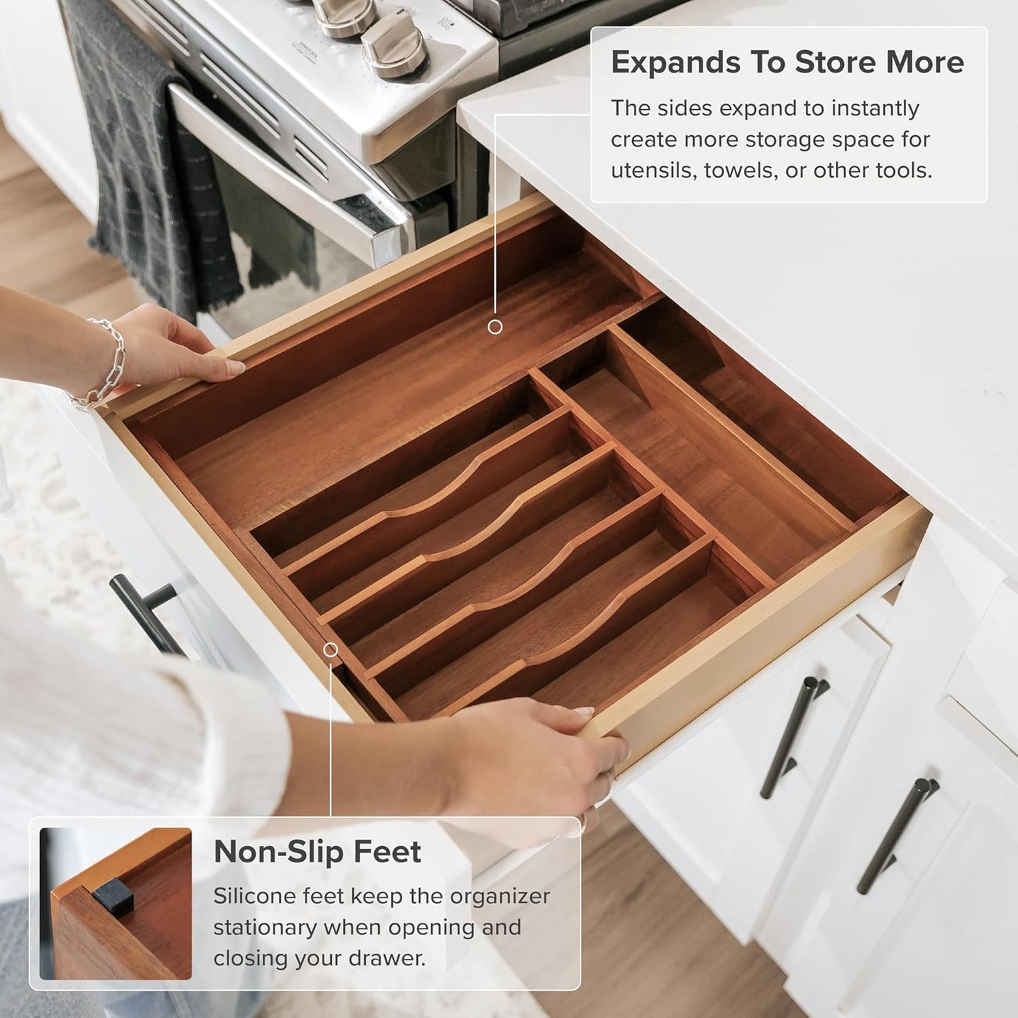 KitchenEdge Premium Silverware, Flatware and Utensil Organizer for Kitchen Drawers, Food-Safe