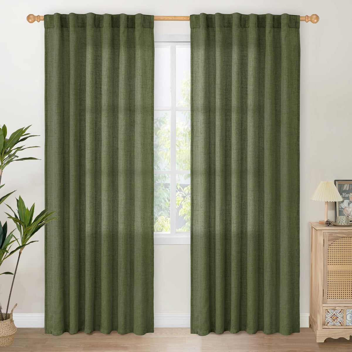 YoungsTex Olive Green Linen Curtains 80 Inch Length for Living Room, Semi Sheer Window Drapes with
