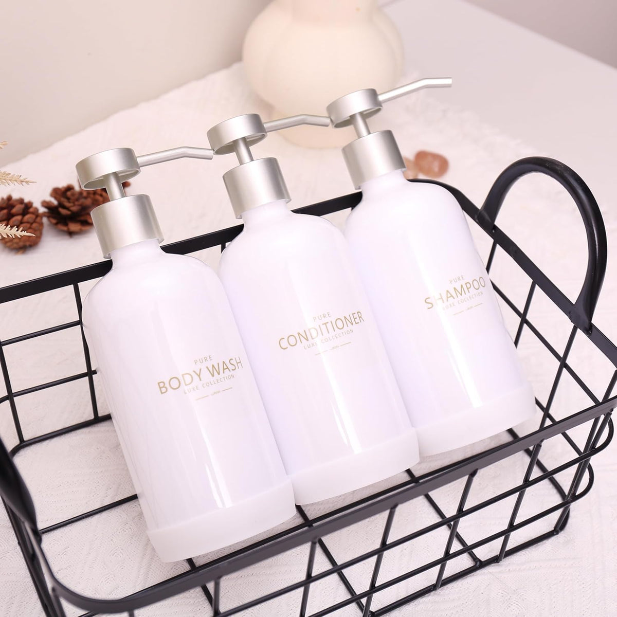 Shampoo and Conditioner Dispenser Set of 3,Refillable 21oz Shampoo Bottles with Non-Slip Protective