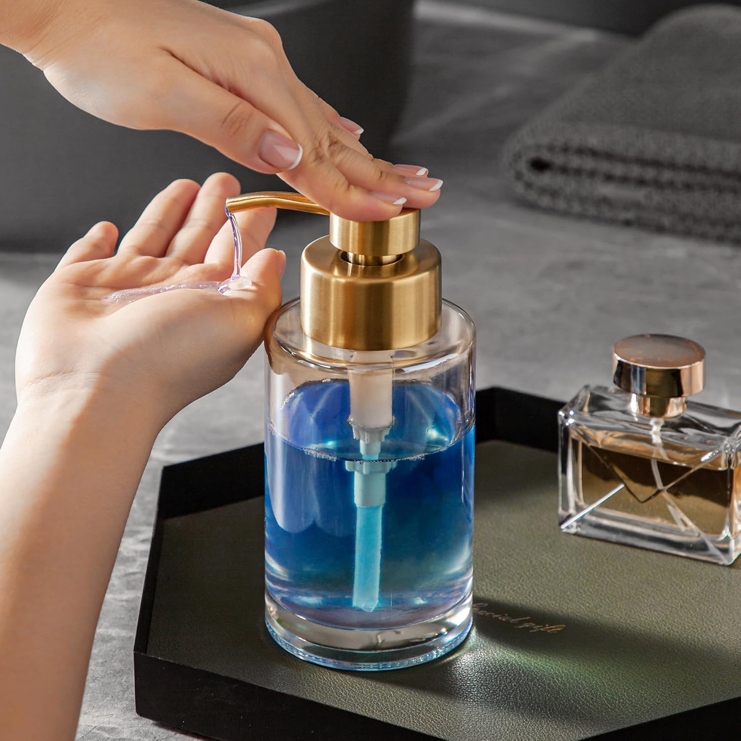 Enra Thick Glass Soap Dispenser with Stainless Steel Pump,12oz Gold Bathroom Hand Liquid Soap