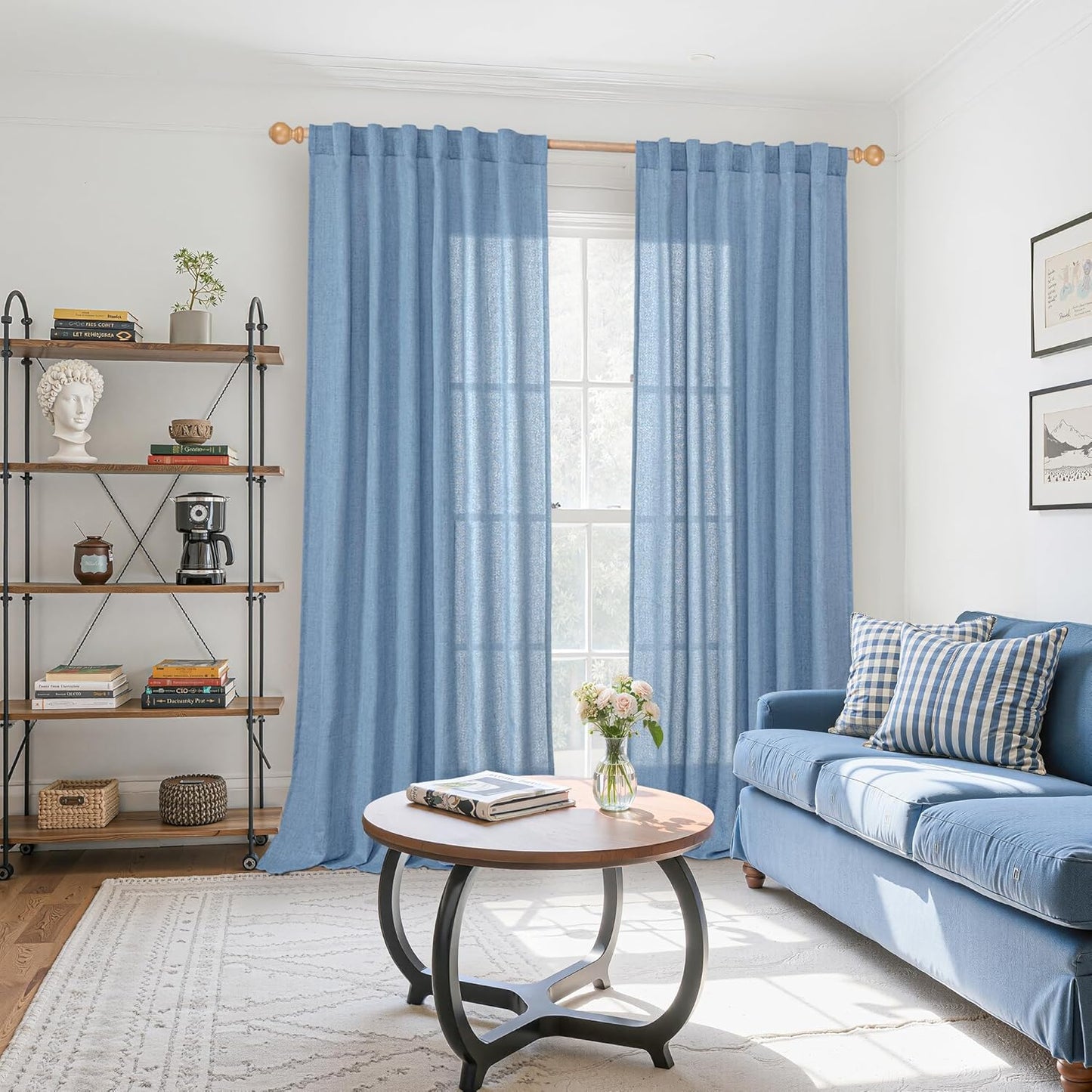 YoungsTex Denim Blue Linen Curtains 90 Inch Length for Living Room, Light Filtering Semi Sheer