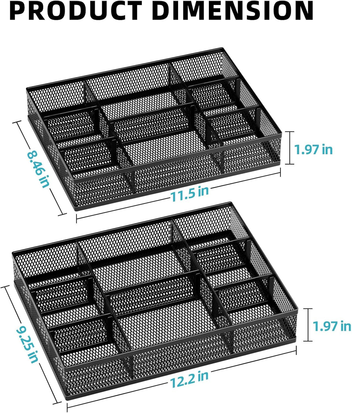 Marbrasse 2 Pack Desk Drawer Organizer, Mesh Drawer Organizer Tray with 8 Adjustable Compartments