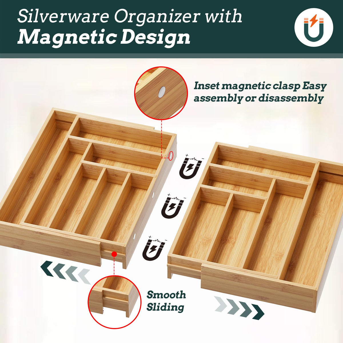 Silverware Organizer Large, Magnetic Connected Expandable 13 Slots Silverware Drawer Organizer From
