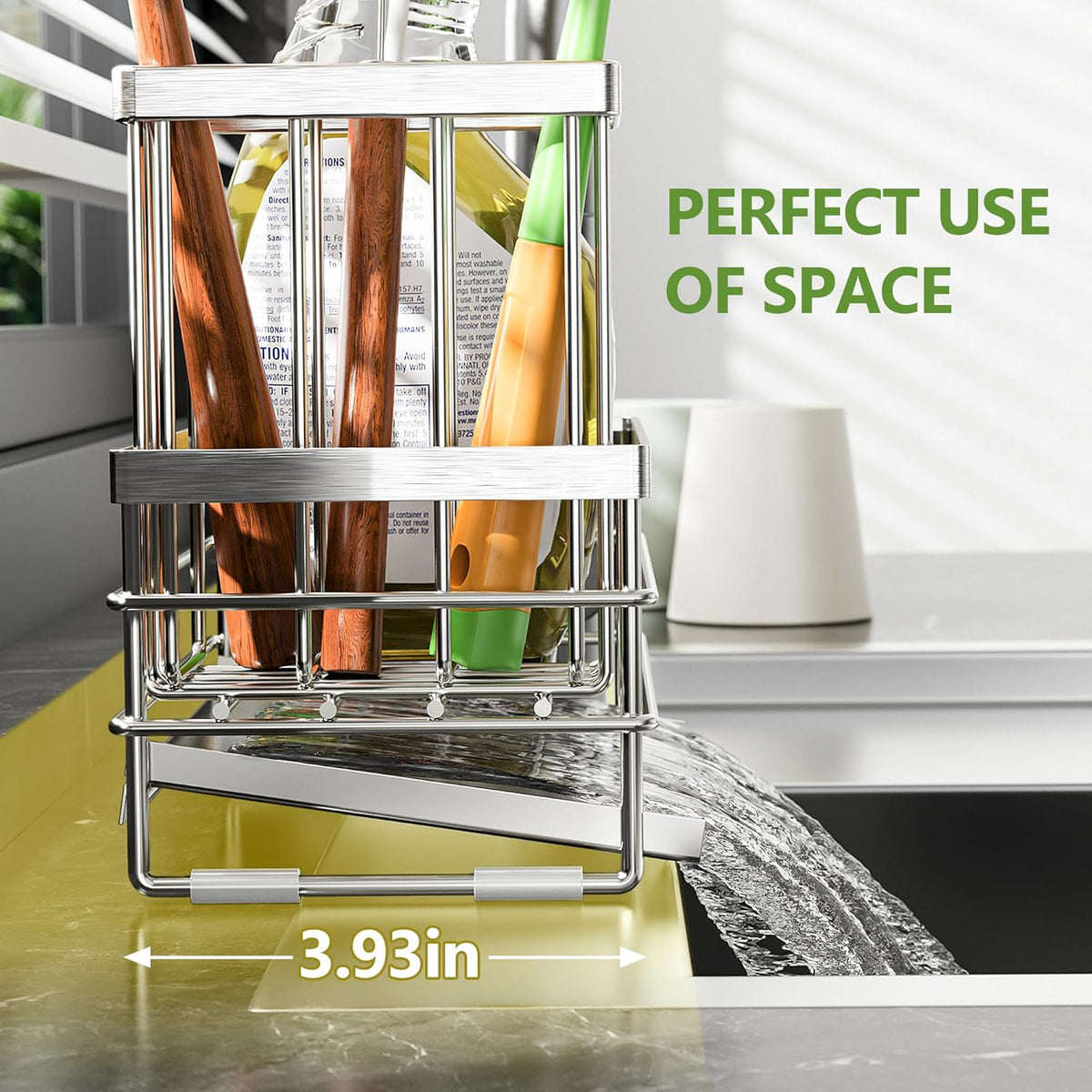Cisily Sink Caddy Sponge Holder for Kitchen with Brush Holder and Stainless Steel Self Drain Tray