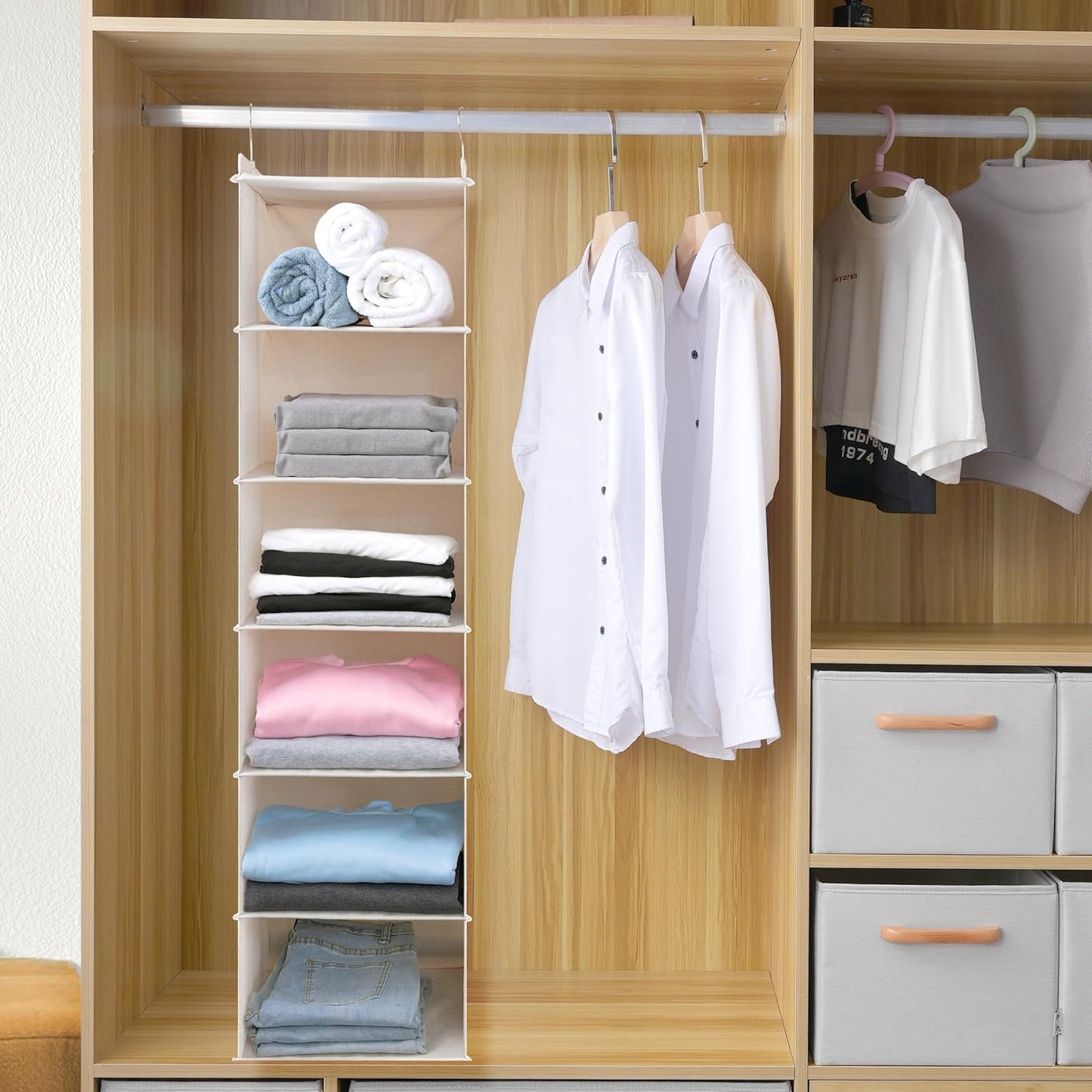 Large Hanging Sweater Organizer for Closet,Collapsible 6-Shelf Hanging Closet Shelves with Drawers