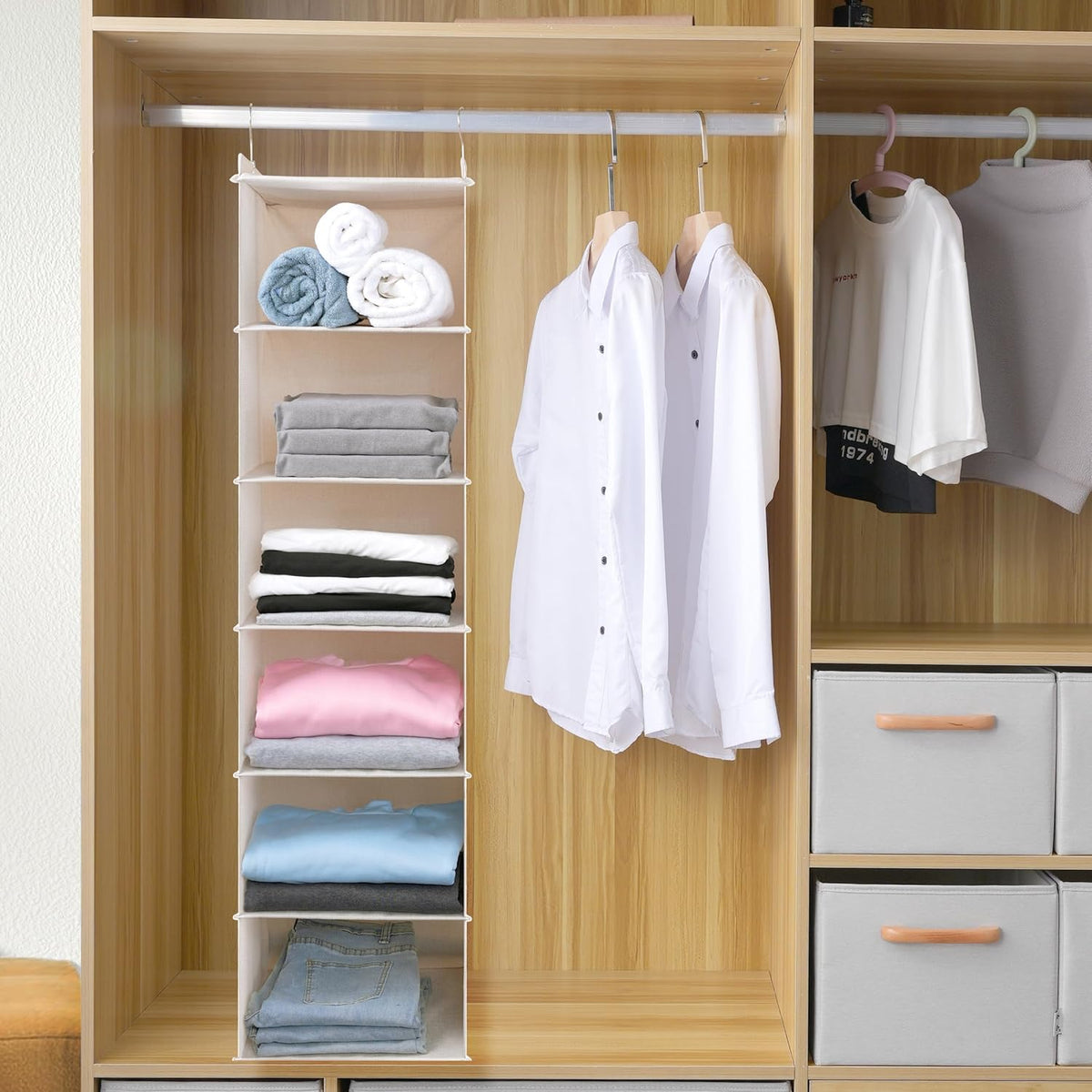 Large Hanging Sweater Organizer for Closet,Collapsible 6-Shelf Hanging Closet Shelves with Drawers