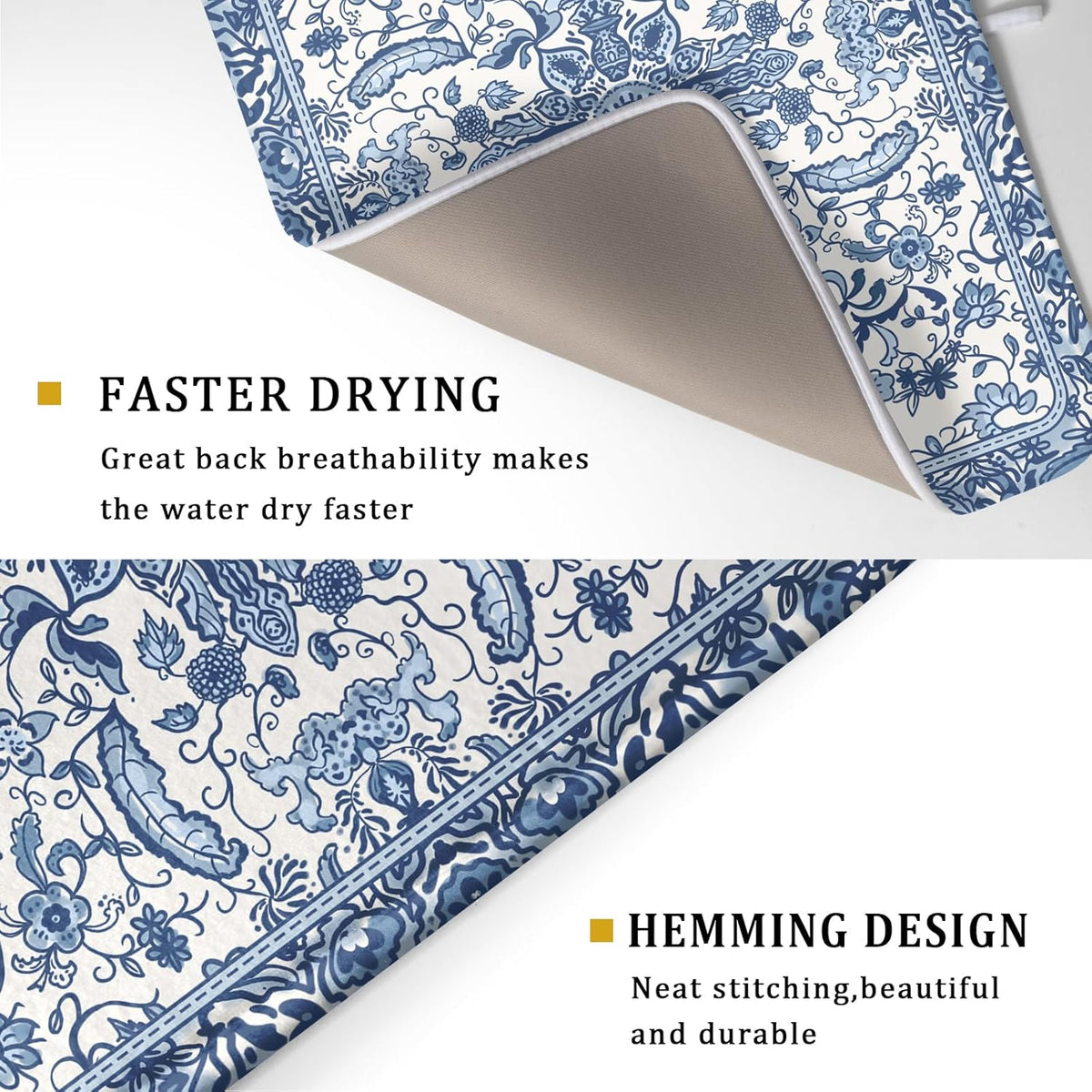 Chinoiserie Floral Dish Drying Mat for Kitchen Counter Blue and White Flowers Pattern Dish Drying