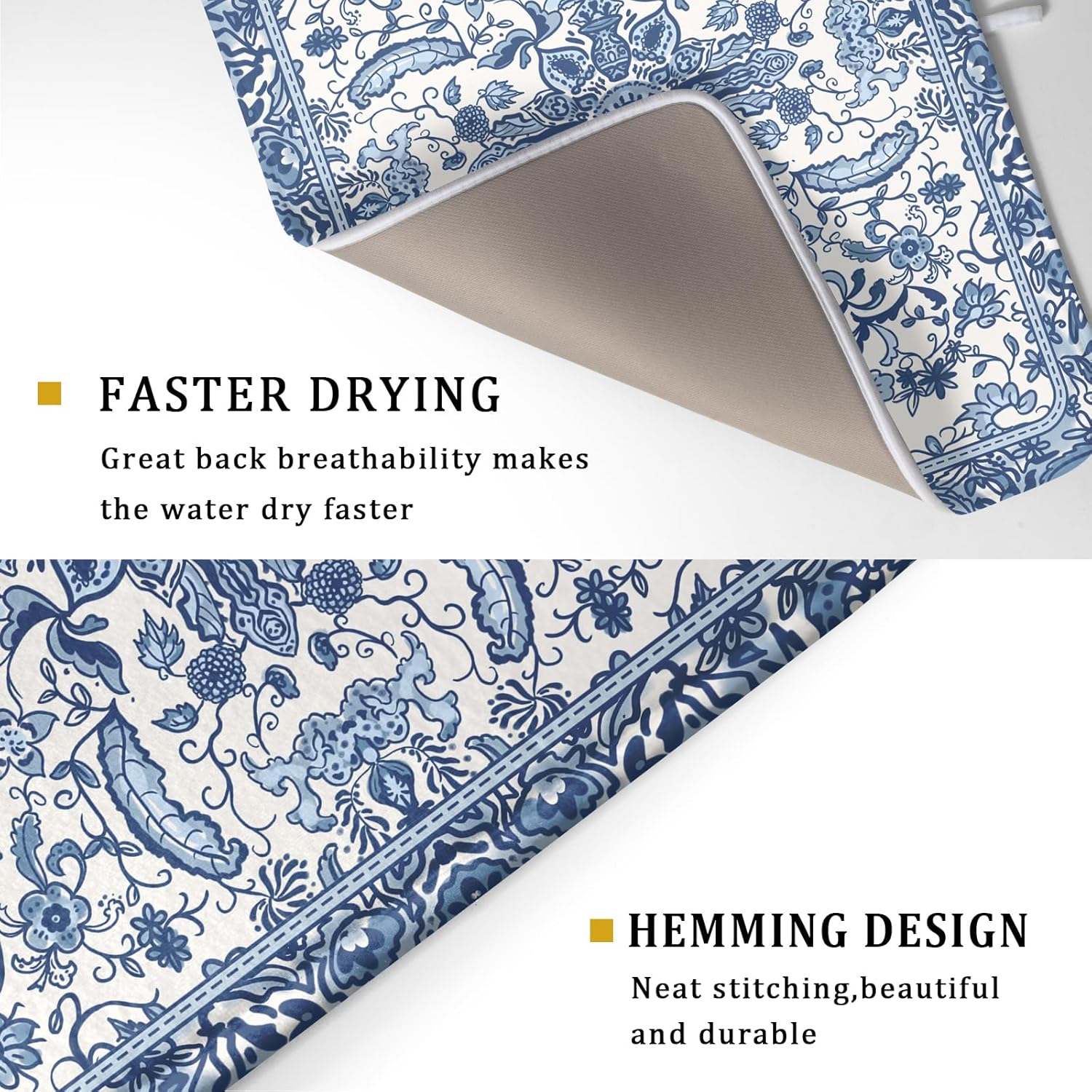 Chinoiserie Floral Dish Drying Mat for Kitchen Counter Blue and White Flowers Pattern Dish Drying