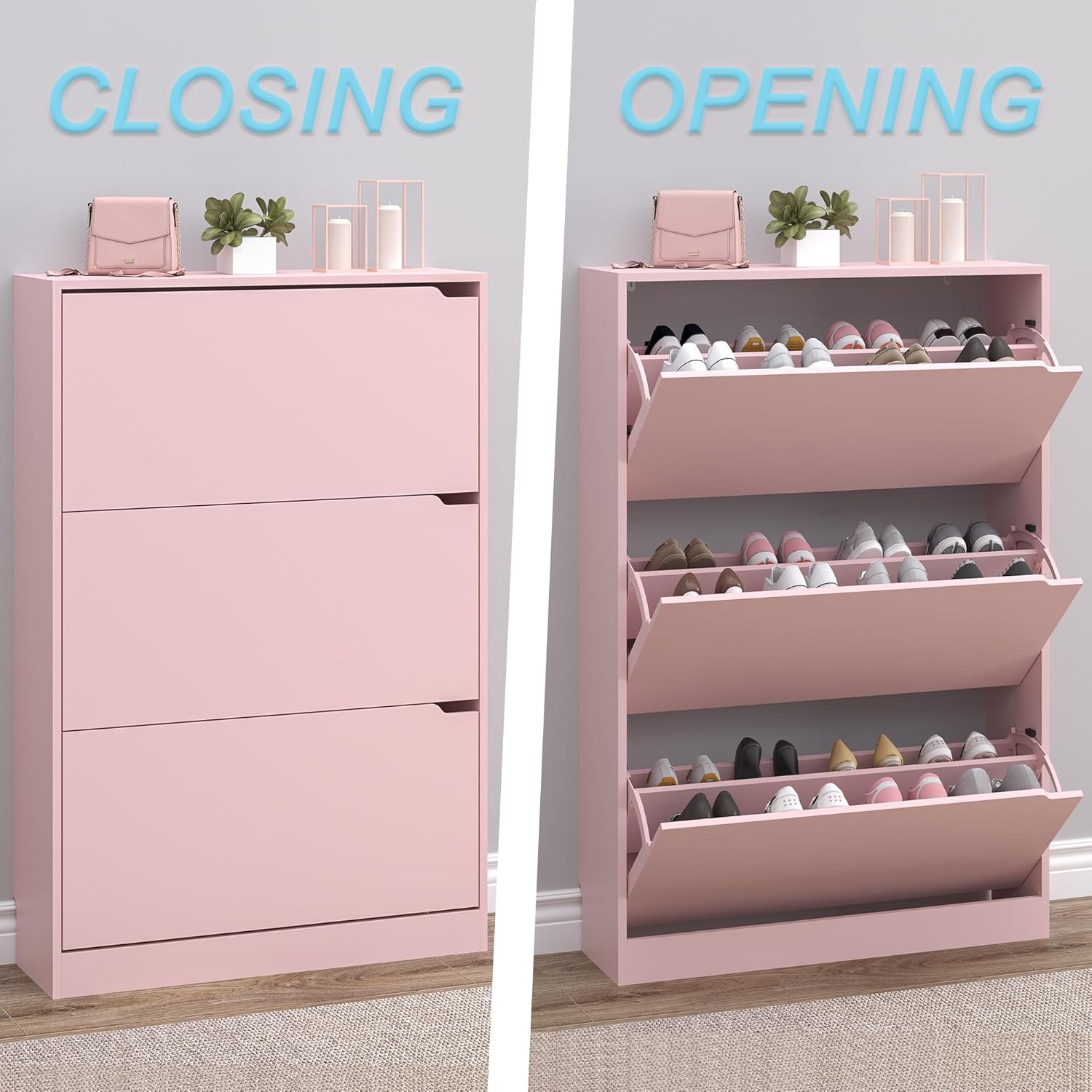 Shoe Cabinet with 3 Flip Drawers, Hidden Wood Shoe Cabinet,Freestanding Shoe Storage Cabinet for