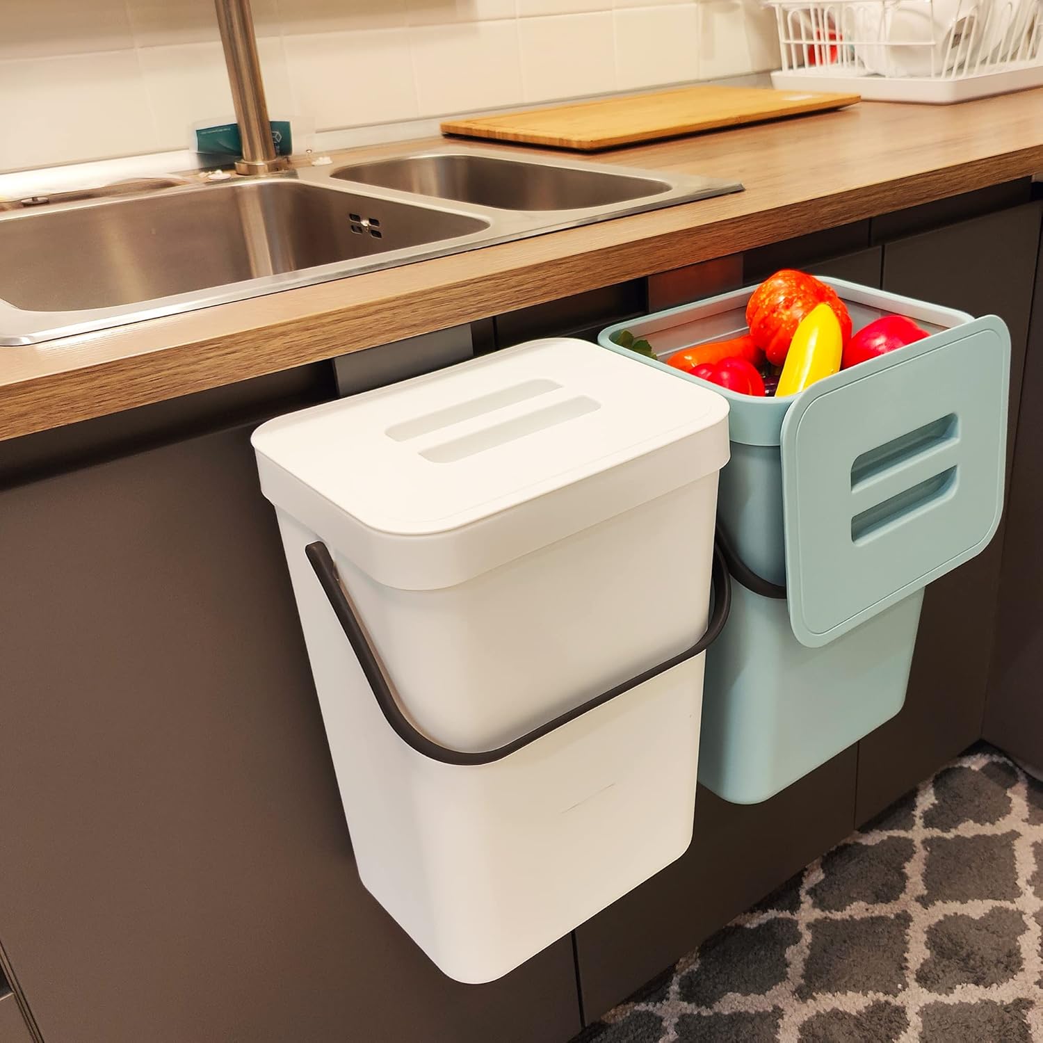 stonespace Hanging Trash Can, 3.2 Gallon/12L Small Waste Bin with Lid for Kitchen Cabinet Door or