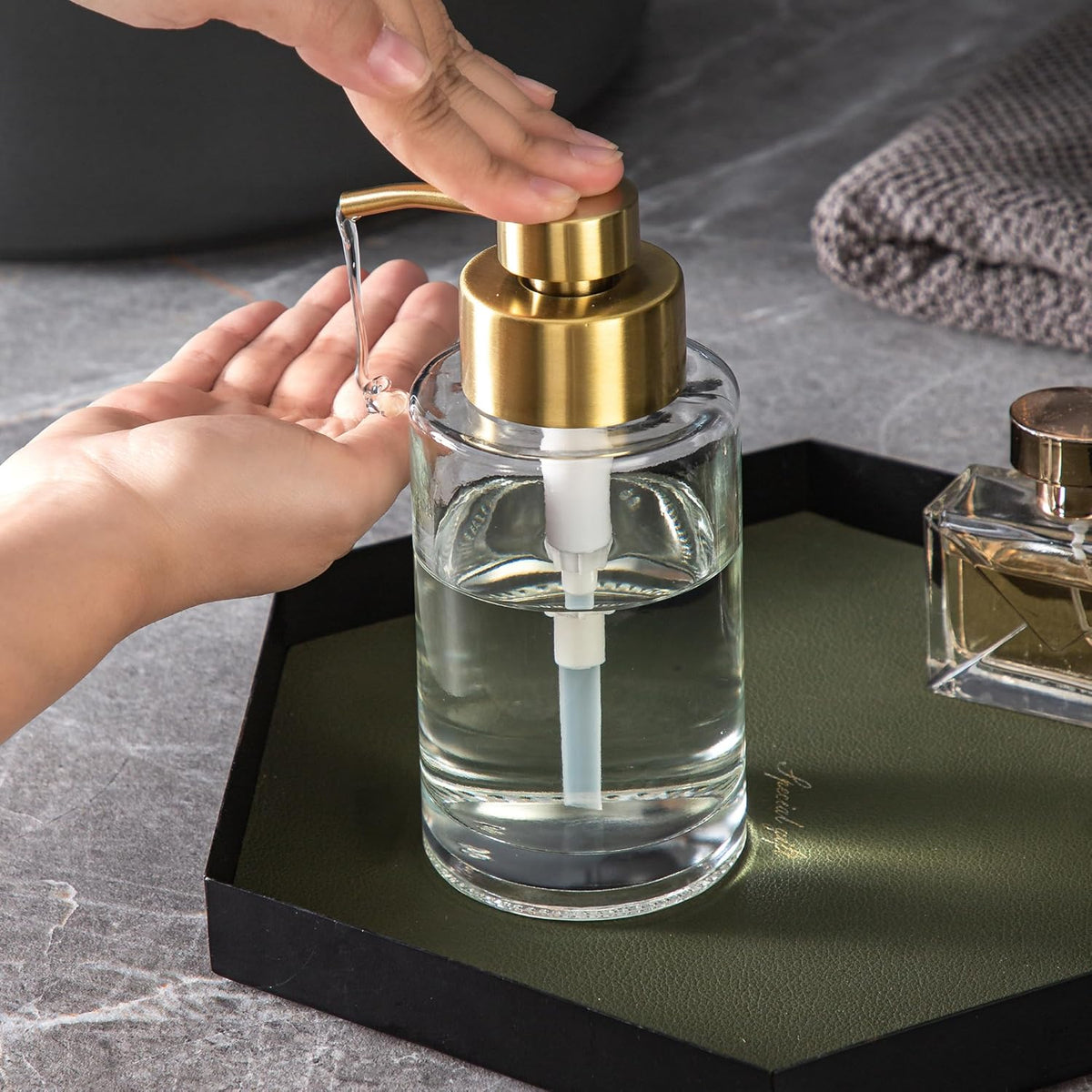Enra Thick Glass Soap Dispenser with Stainless Steel Gold Pump,12oz Bathroom Hand Liquid Soap