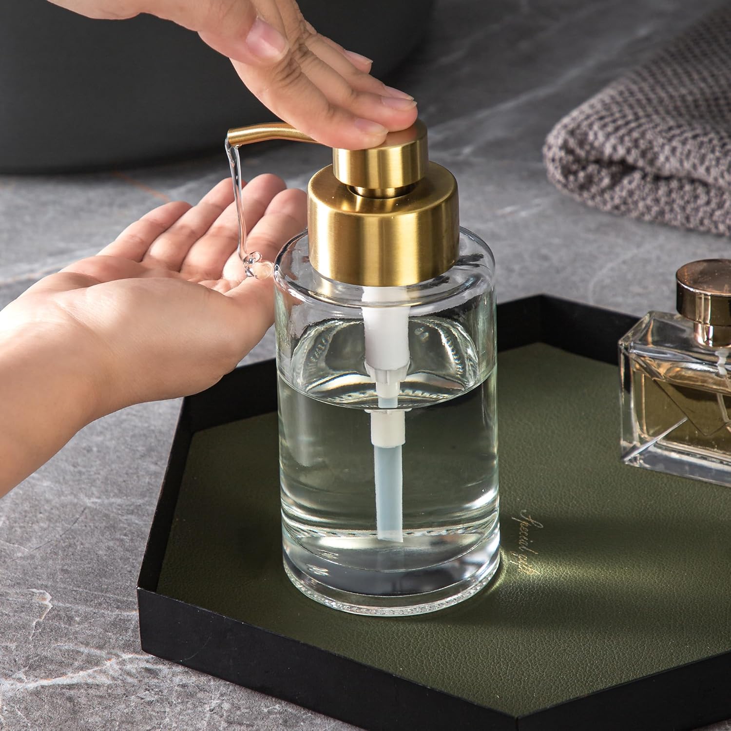 Enra Thick Glass Soap Dispenser with Stainless Steel Gold Pump,12oz Bathroom Hand Liquid Soap