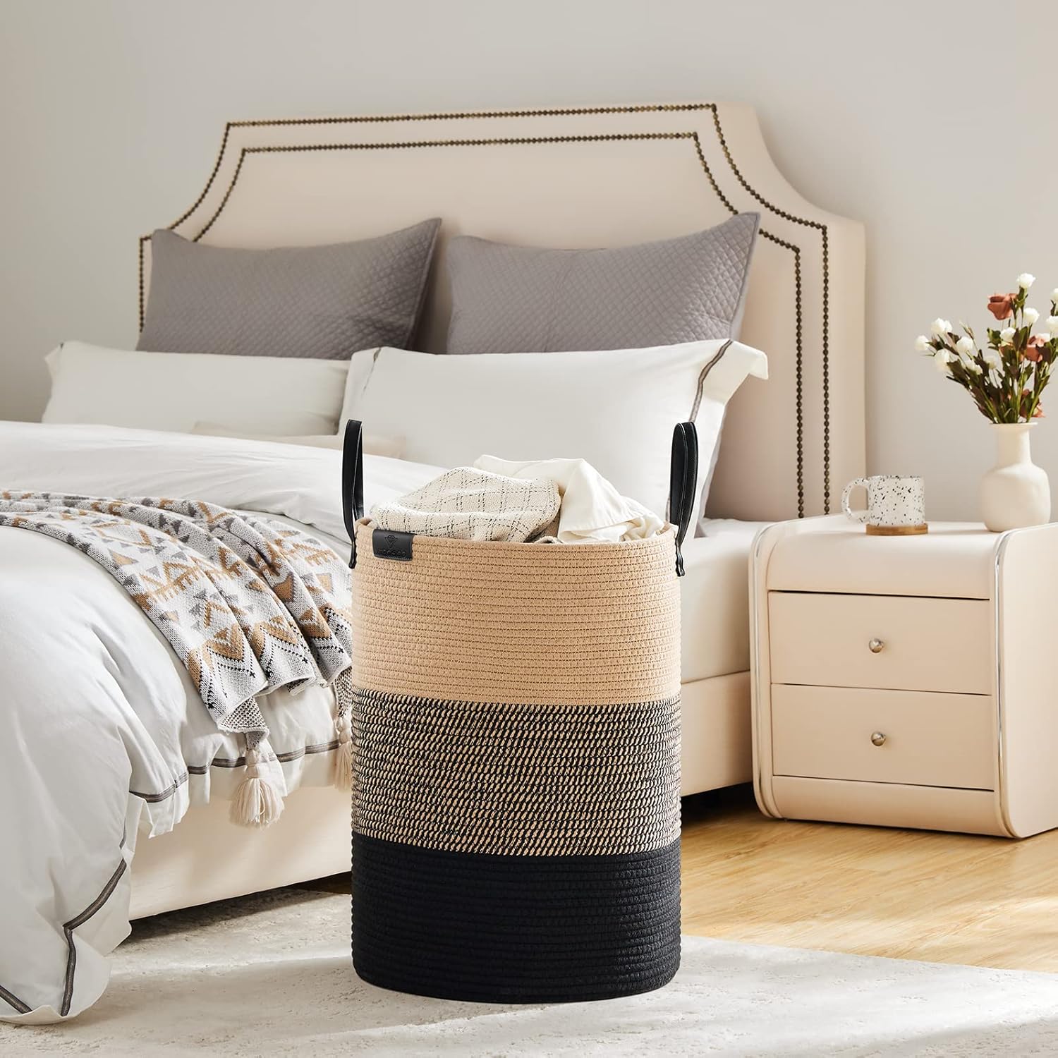 VIPOSCO Tall Laundry Basket, Large Dirty Clothes Hamper with Leather Handle, Woven Rope Storage