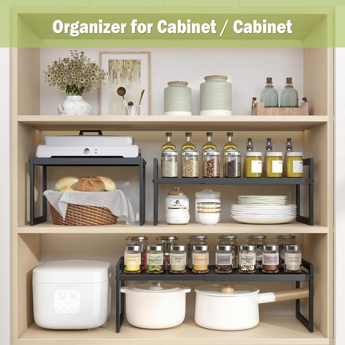 DOLALIKE Expandable kitchen Countertop Organizer, Stackable Cabinet Shelf Organizers, Space Saving