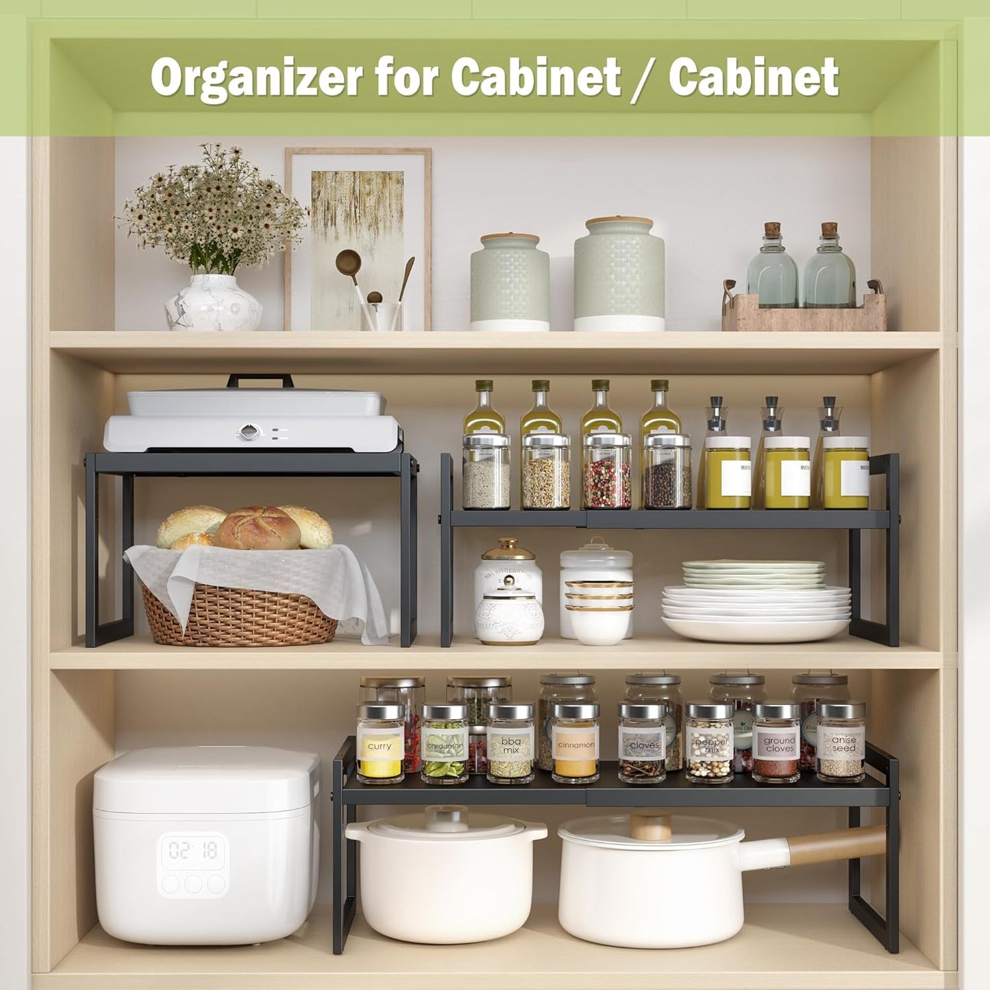 DOLALIKE Expandable kitchen Countertop Organizer, Stackable Cabinet Shelf Organizers, Space Saving