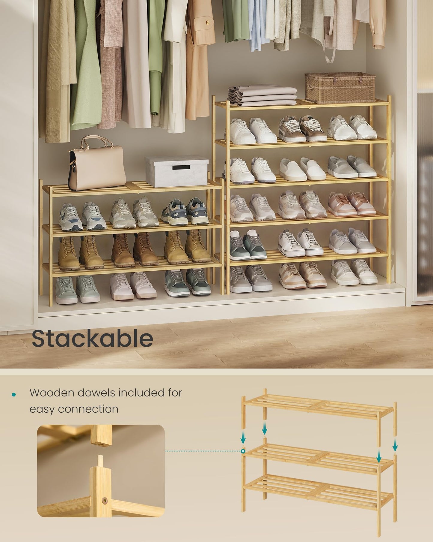 SONGMICS Bamboo Shoe Rack for Closet, Stackable Shoe Oragnizer with Modular Structure, Space-Saving