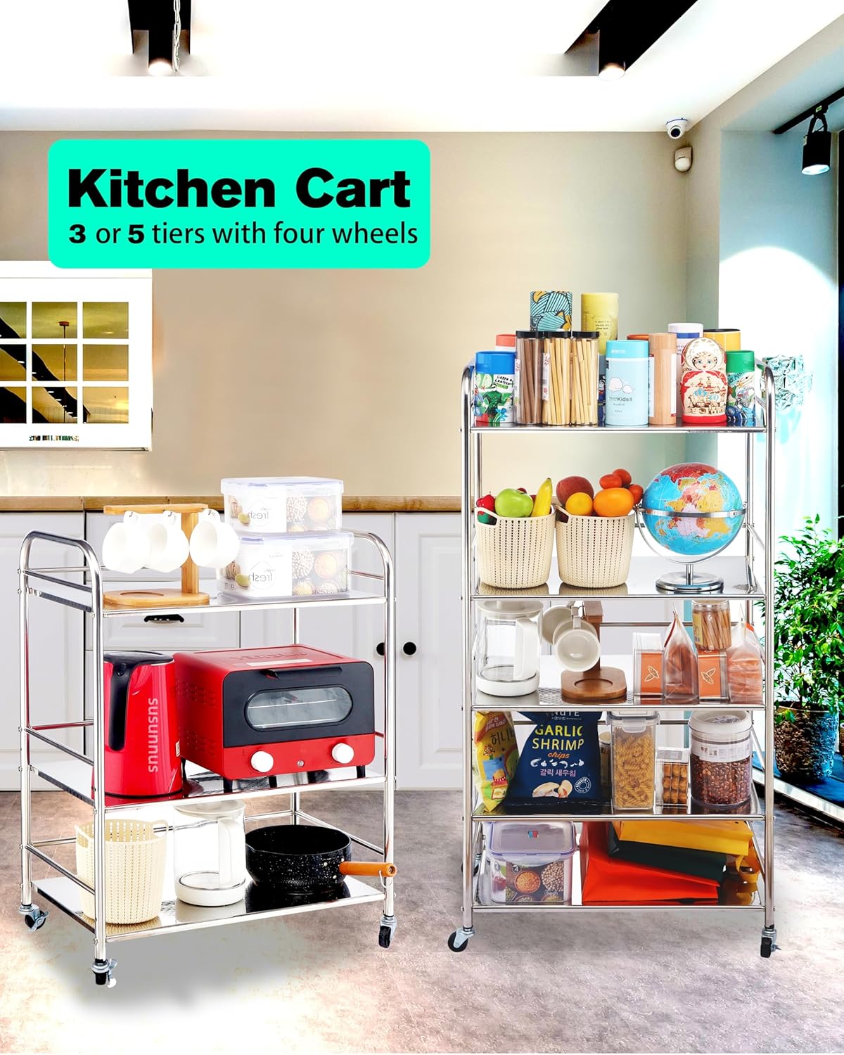 susunnus Stainless Steel Cart with Wheels 5 Tier,Stainless Steel Kitchen Cart,Utility Cart,Metal