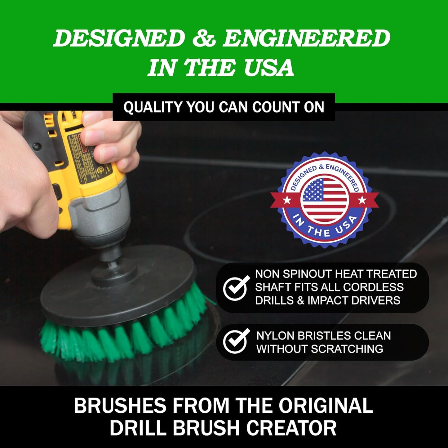 Drillbrush Green Kitchen Drill Brush Set – Drill Powered Cleaning Tools for Stainless Steel Sink