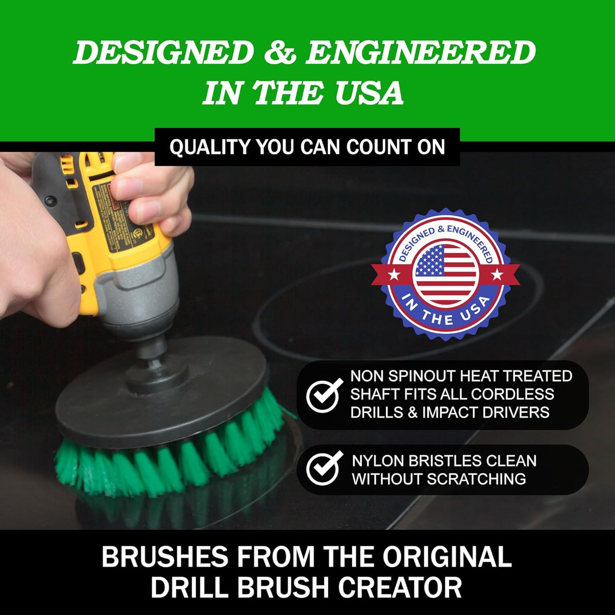 Drillbrush Green Kitchen Drill Brush Set – Drill Powered Cleaning Tools for Stainless Steel Sink
