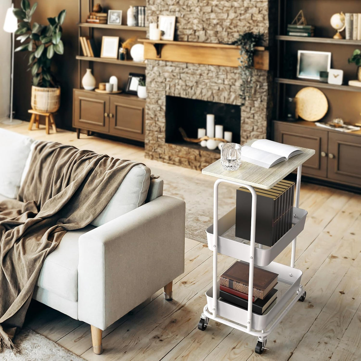 Simple Houseware 2-Tier Rolling Utility Cart with Lockable Wheels and Wood Top, Metal Storage