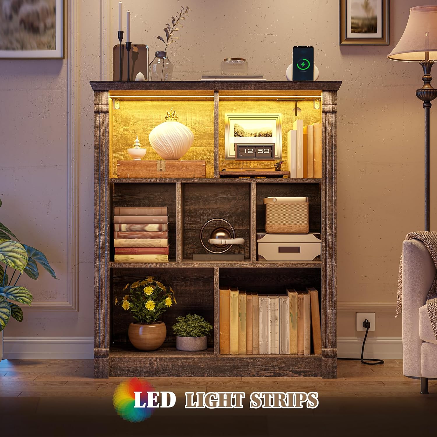 EnHomee 7 Cube Bookshelf Cubby Storage Organizer with LED Lights and Charging Station, Wood Shelf