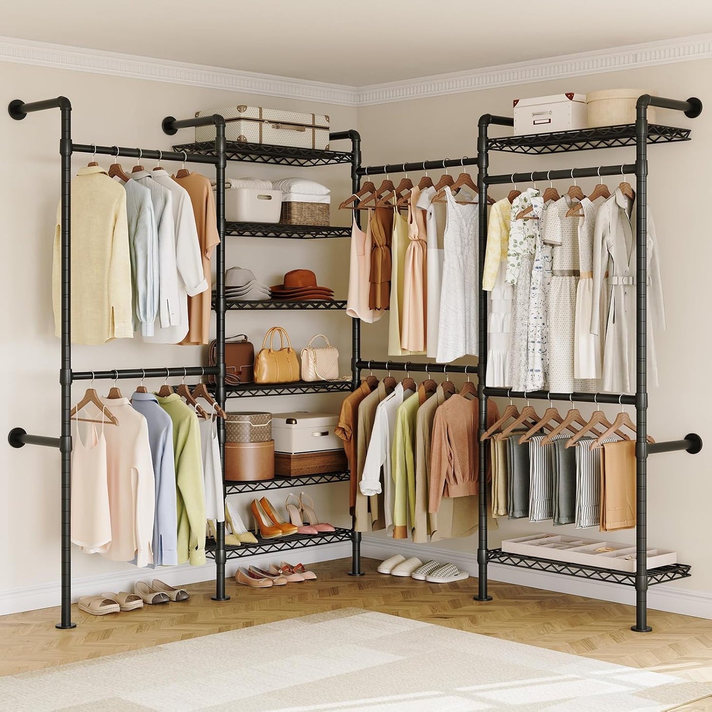 ONBRILL L4 Wall Mounted Industrial Pipe Clothing Rack, Closet Organizer System with 6 Hanging