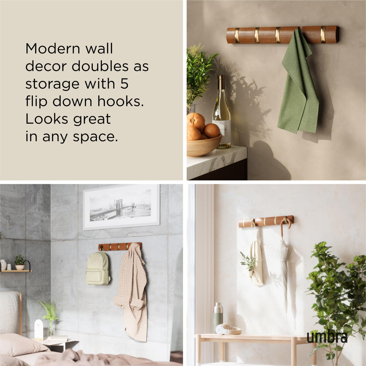 Umbra Flip Coat Rack, Wall Mounted 5-Hook Space Saving, Walnut/Gold