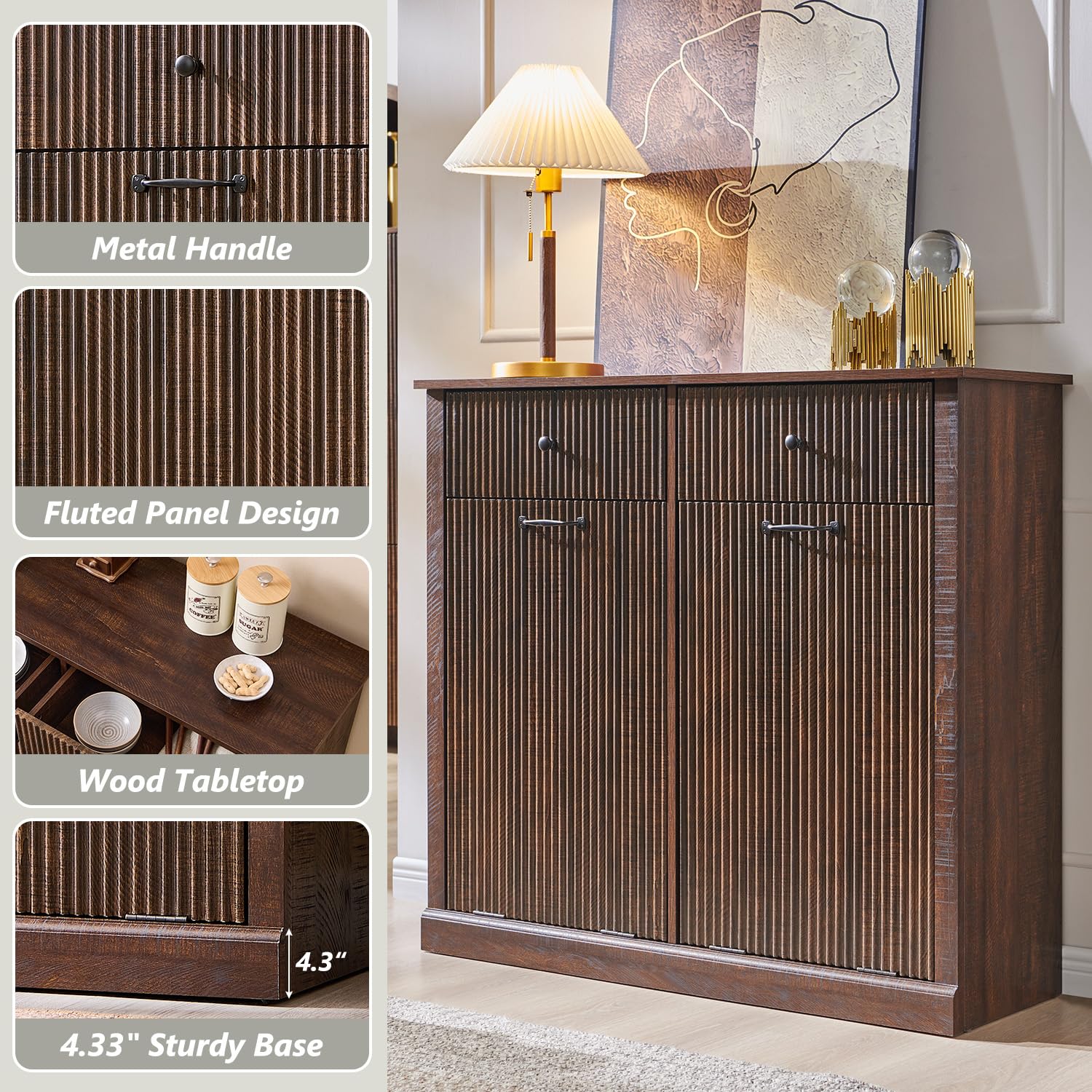 Modern Double Tilt-Out Trash Cabinet, 20 Gallon Fluted Laundry Hamper Cabinet with 2 Drawers