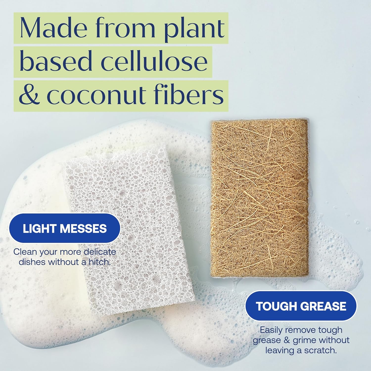 FabTab Coconut and Cellulose Sponges, Plant-Based, Non-Scratch Cleaning Sponges for Dishes, Sinks