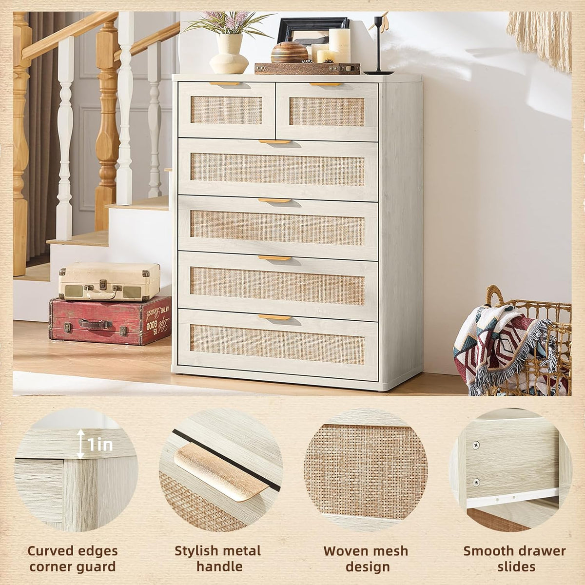 LEYAOYAO White Dresser for Bedroom Set of 2, 42" Tall Chest of Drawers, Modern 6 Drawers Boho