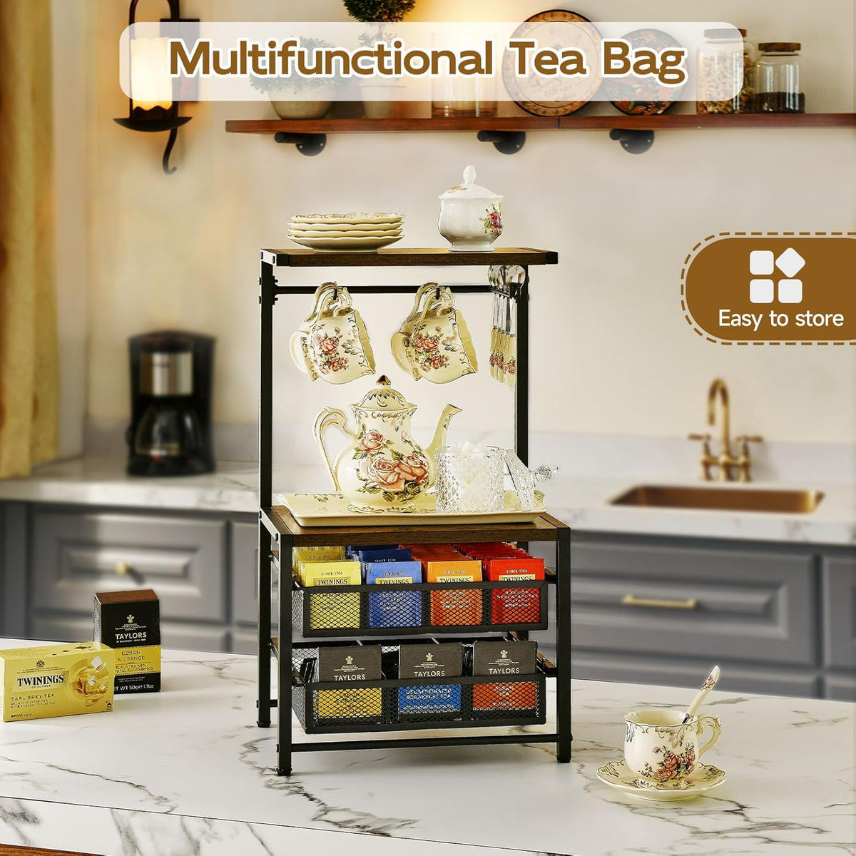 Pinzoveco Tea Bag Organizer, Large Tea Organizers and Storage Box,2 Drawers Tea Bags Holder Wood