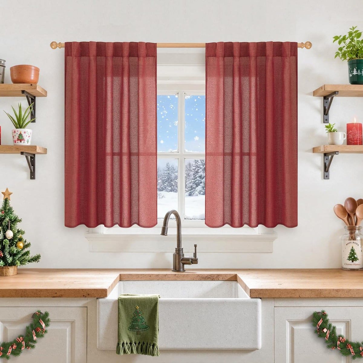 YoungsTex Red Linen Curtains 40 Inch Long for Kitchen, Small Semi Sheer Drapes with Rod Pocket Back