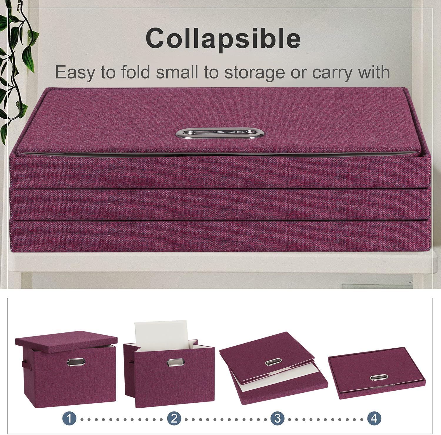 Large 17" 36 Quart Collapsible Stackable Storage Bins with Lids, 3 Packs Purple Linen Fabric Closet