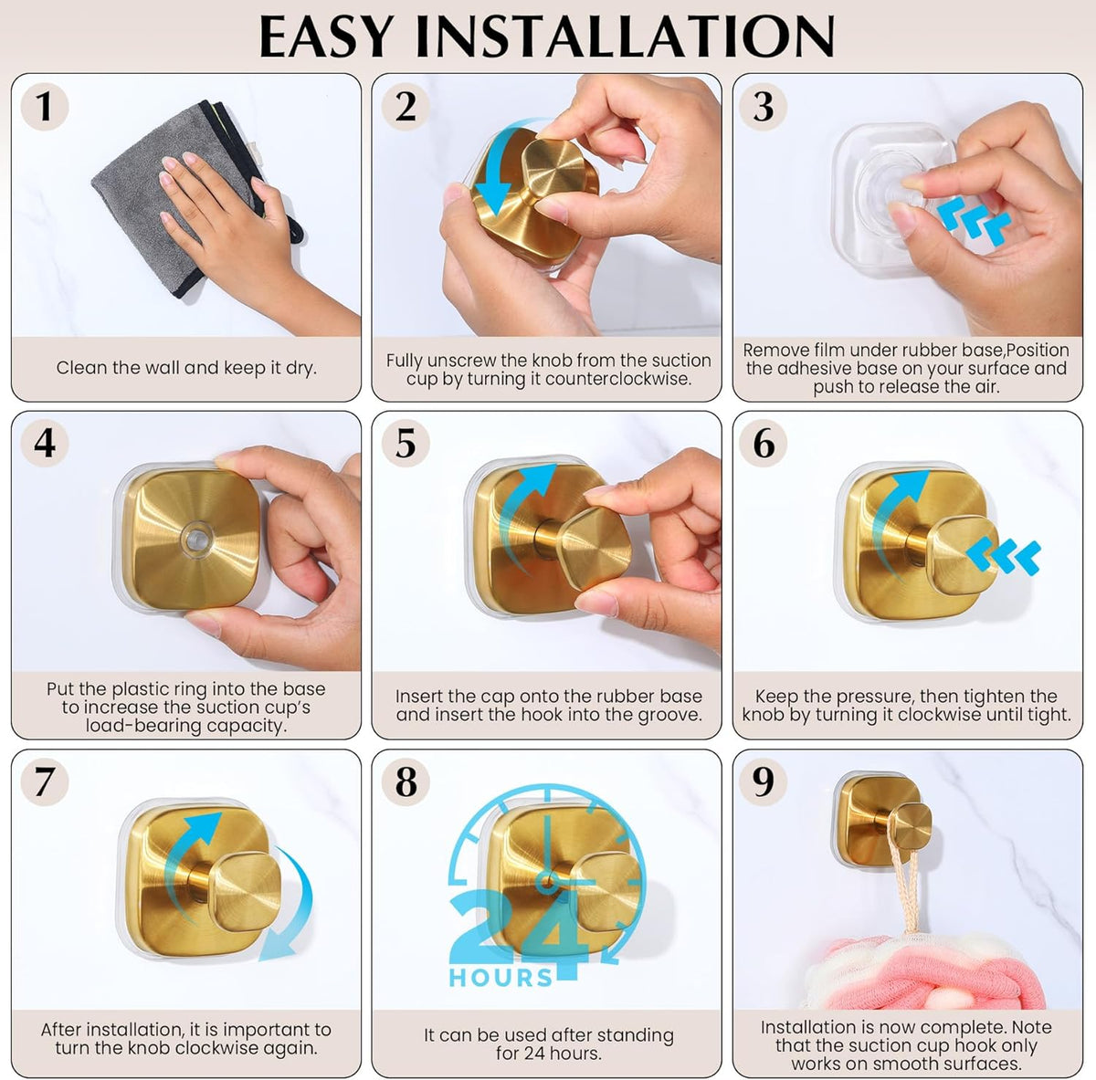 Suction Cup Hooks for Shower - Reusable No-Drill Mounting - Hooks for Towels, Robes & Loofah on