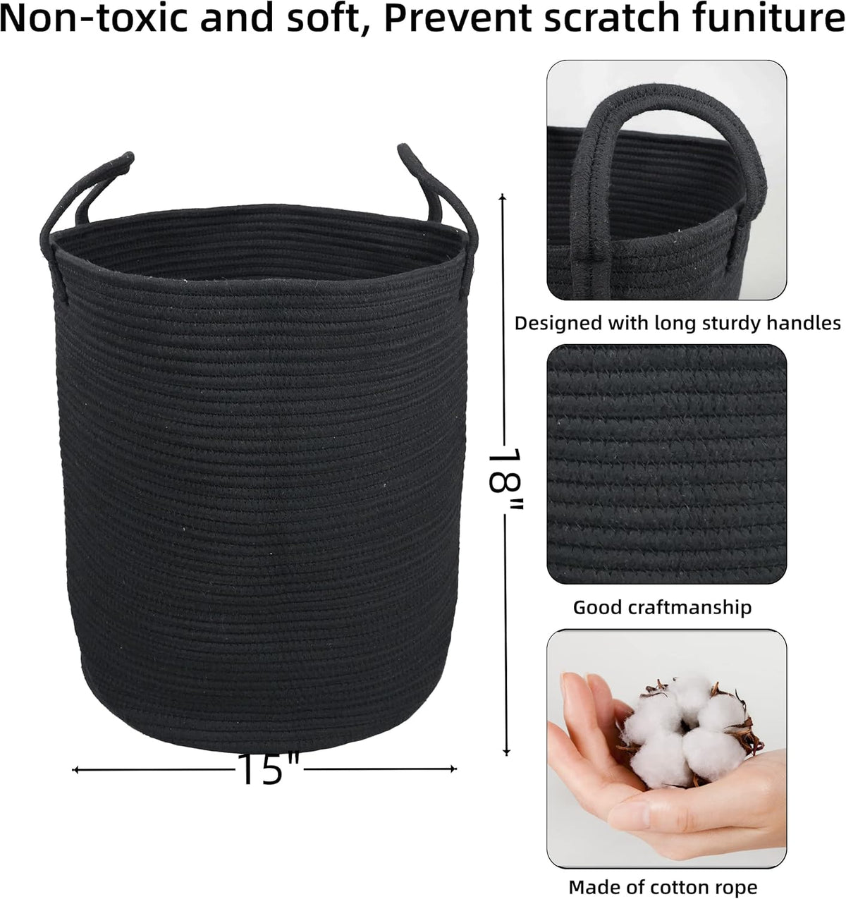 Black Cotton Rope Laundry Basket Hamper for Clothes Woven Storage Basket for Living Room Bedroom