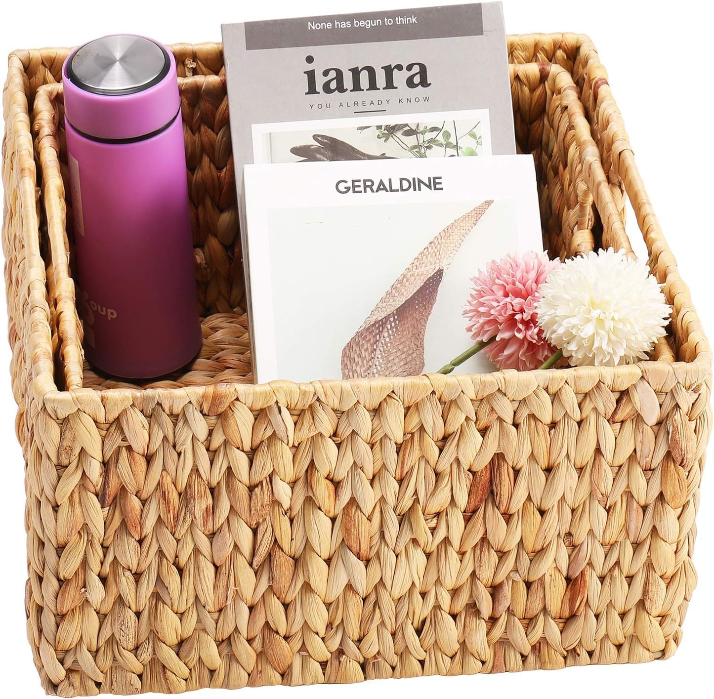 HOONEX Water Hyacinth Storage Baskets for Organizing, Decorative Wicker Baskets with Carrying