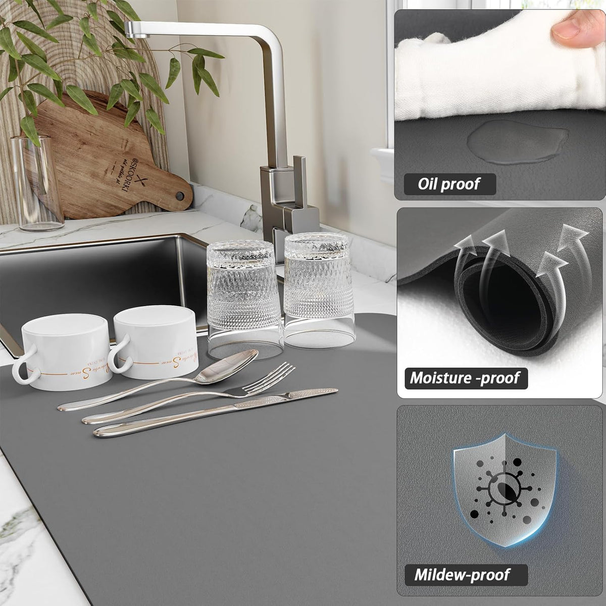 Dish Drying Mat for Kitchen Counter, Heat Resistant Drainer Mats with Non-slip Rubber Backed, Hide