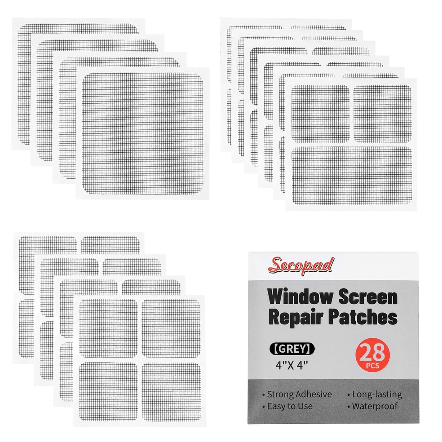 28 Sheets Window Screen Patches Repair Kit, Grey/Black 3 Sizes Window Screen Repair Kit for Mesh