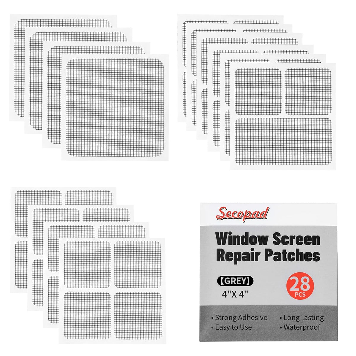 28 Sheets Window Screen Patches Repair Kit, Grey/Black 3 Sizes Window Screen Repair Kit for Mesh
