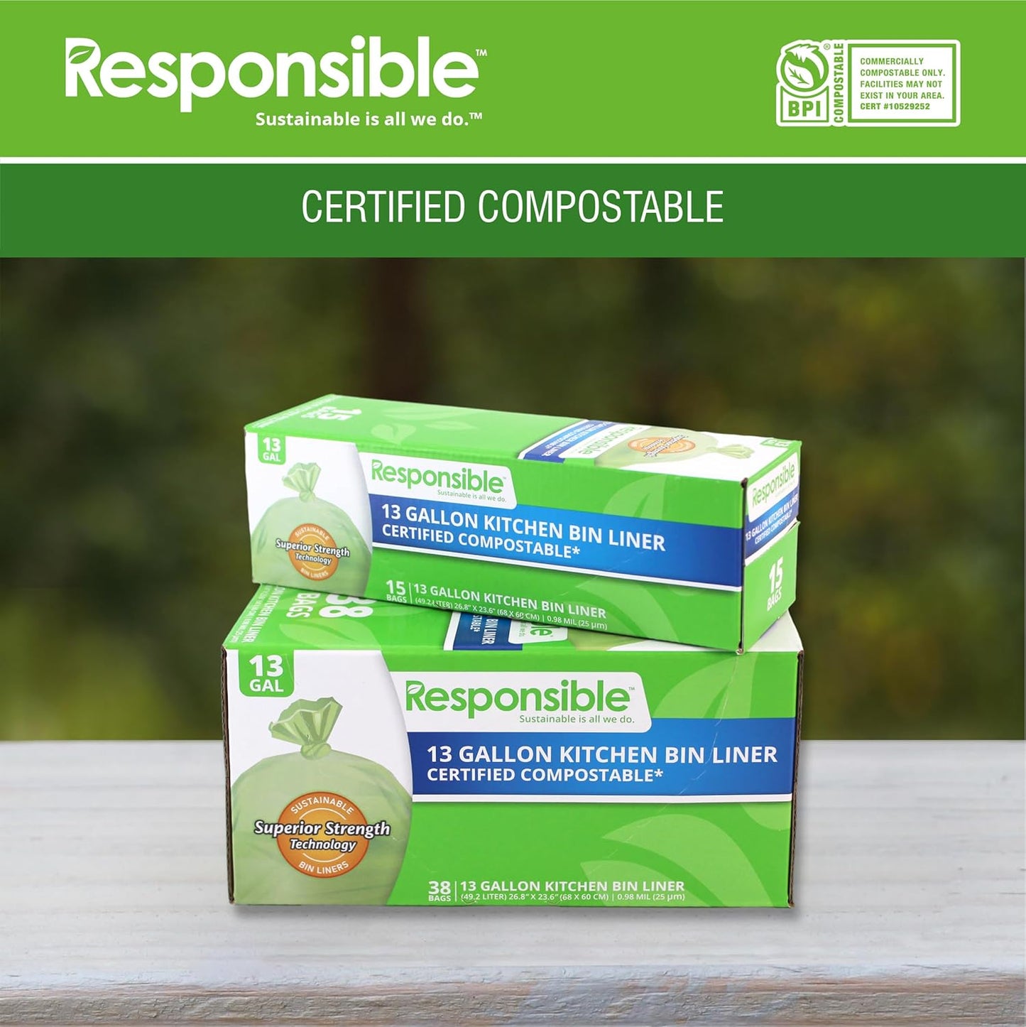 Responsible Products Kitchen Bin Liners, Certified Compostable, Heavy Duty Multipurpose Food Scrap