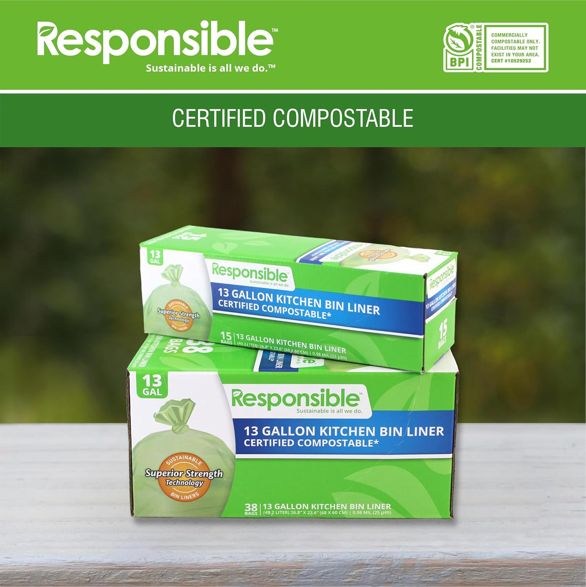 Responsible Products Kitchen Bin Liners, Certified Compostable, Heavy Duty Multipurpose Food Scrap