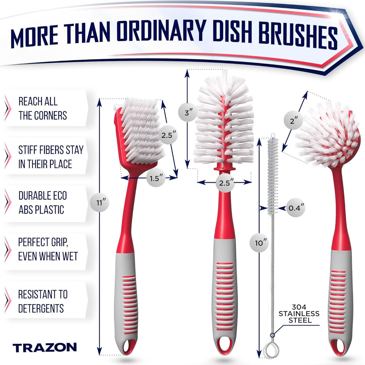 Dish Brush Set of 4 - Kitchen Scrub Brushes with Non-Slip Long Handle for Cleaning, Scrubber