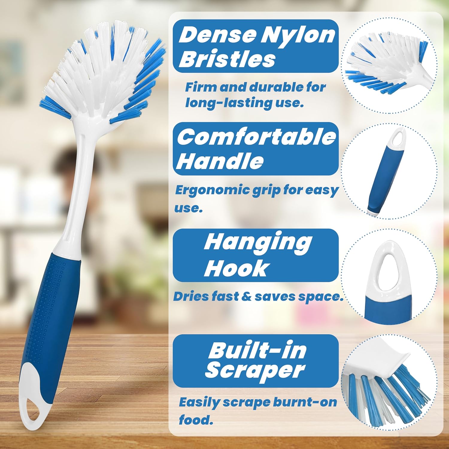 PHYEX 2-Pack Dish Brushes with Scraper, Durable Nylon Bristles Kitchen Scrub Brush, Dish Scrubber