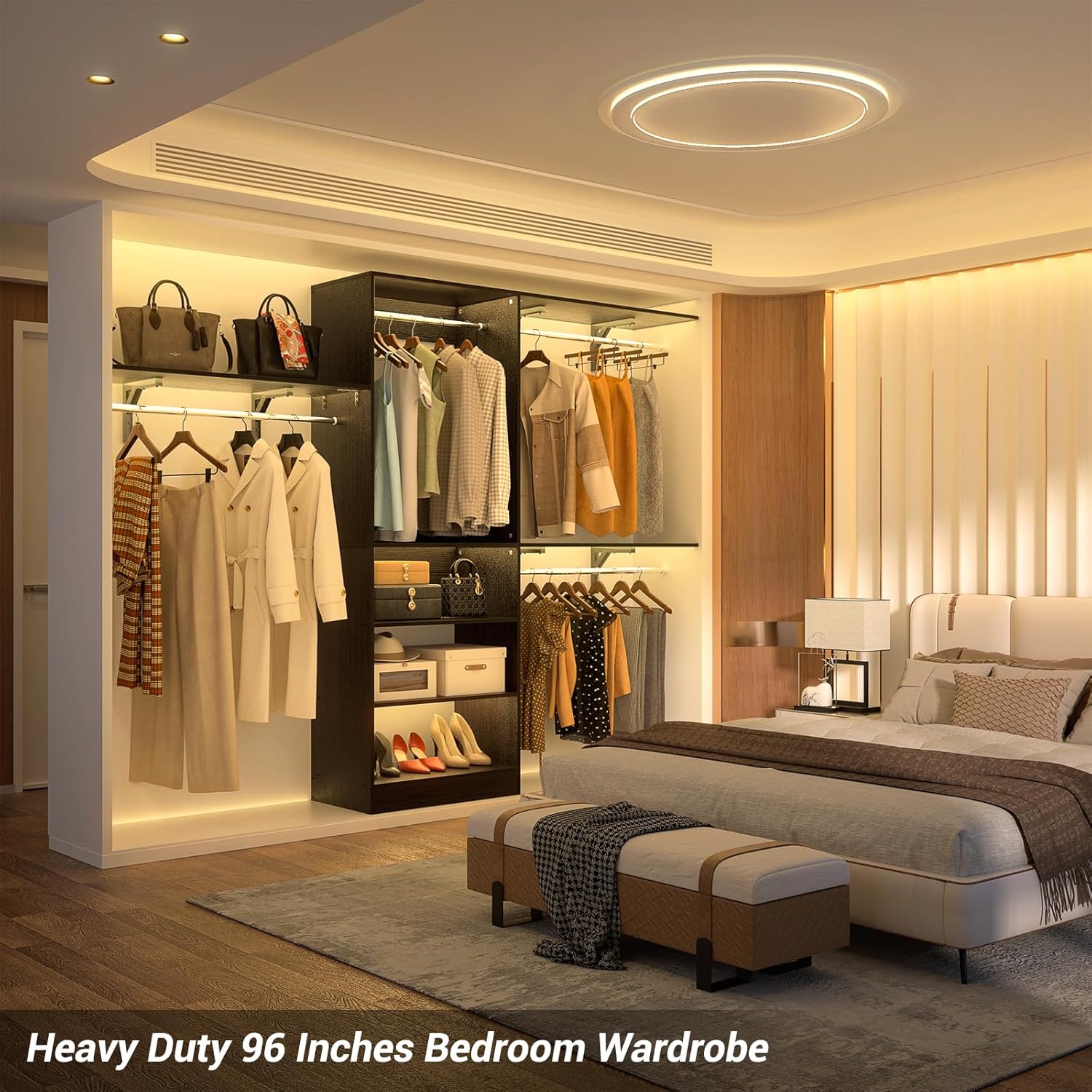 8FT Closet System with Shelves, 96'' Closet Organizer System with 3 Hanging Rods, Wall Mount