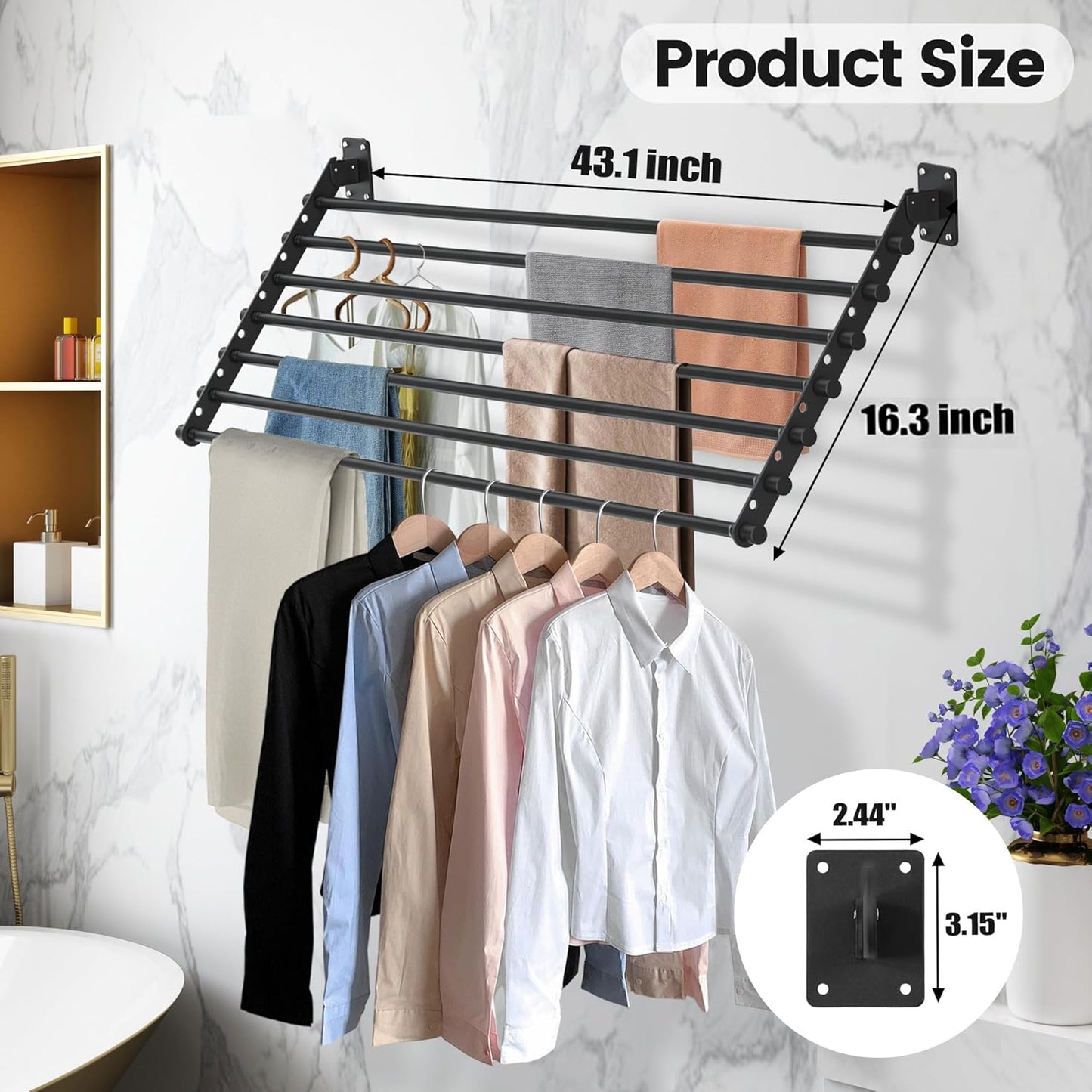 Wall Mounted Clothes Drying Rack 43 Inch – Foldable Laundry Drying Rack for Wall Mount, Space