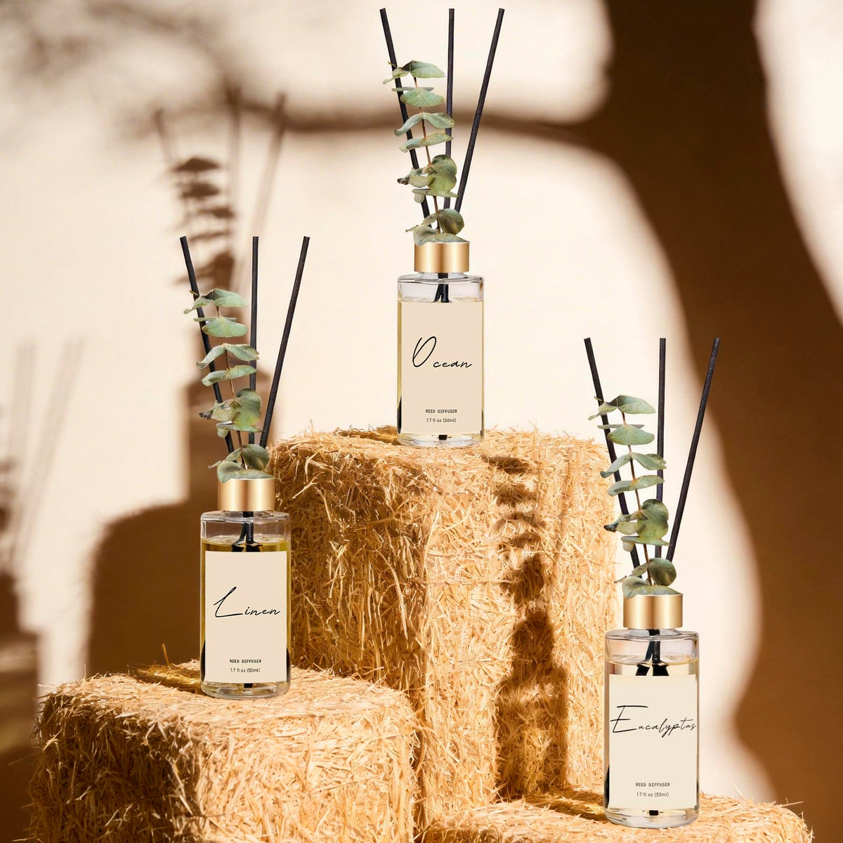 Reed Diffuser Set of 3, Eucalyptus, Linen, Ocean Oil Diffusers with Sticks
