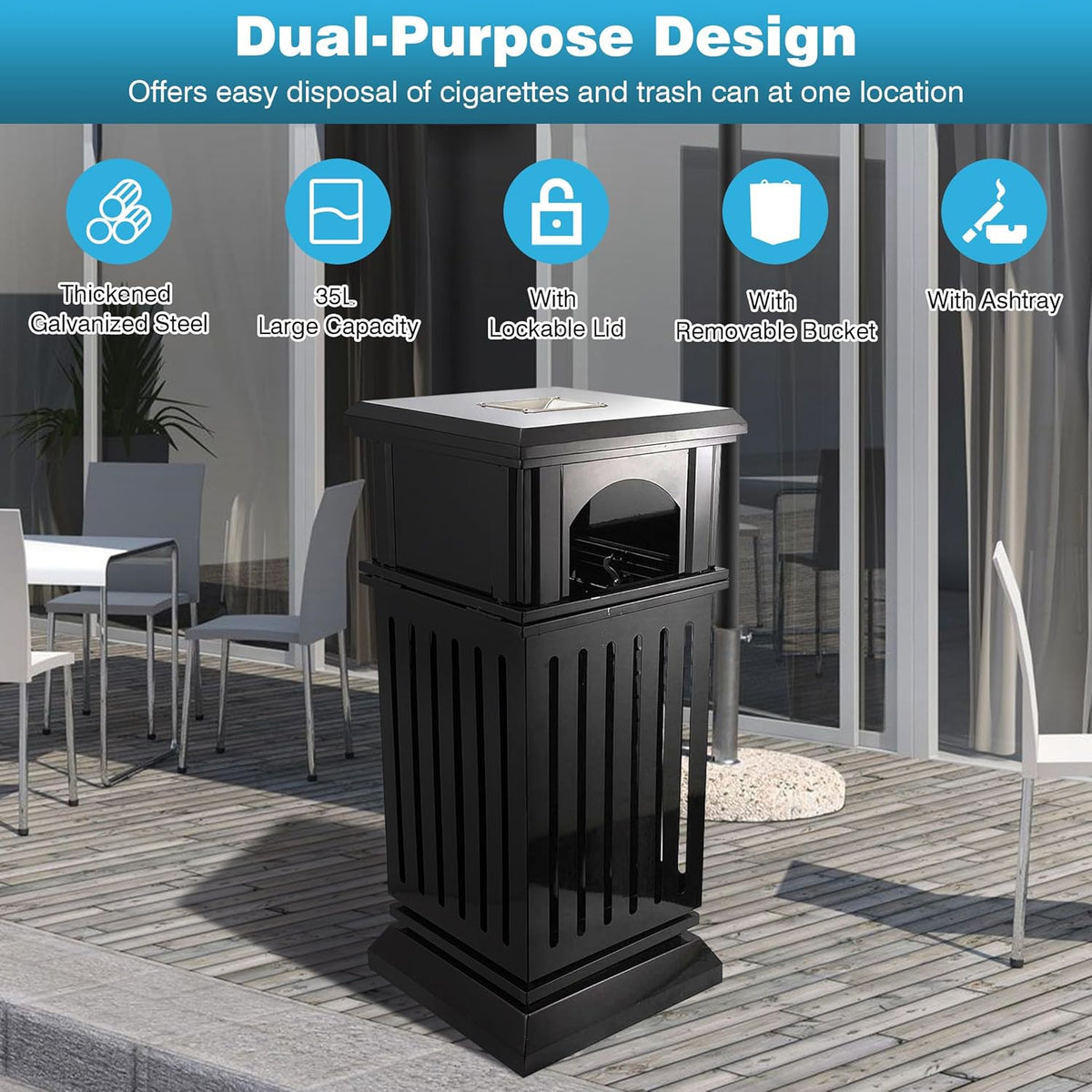 IRONWALLS Commercial Trash Can with Lid, Black Outdoor Garbage Can for Patio, Side Opening Steel